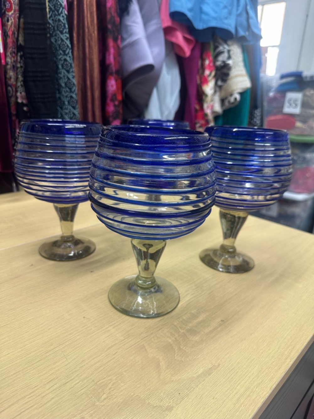 Mexican Hand Blown Glass Goblets Cobalt Blue Set of 4